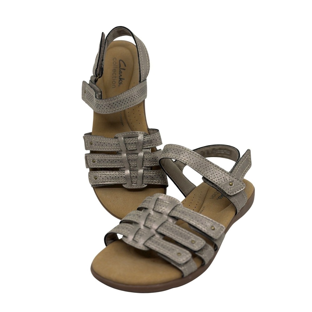 Clarks Collection Elizabelle Kay Taupe Metallic Pewter‎ Strappy Sandals Womens 6